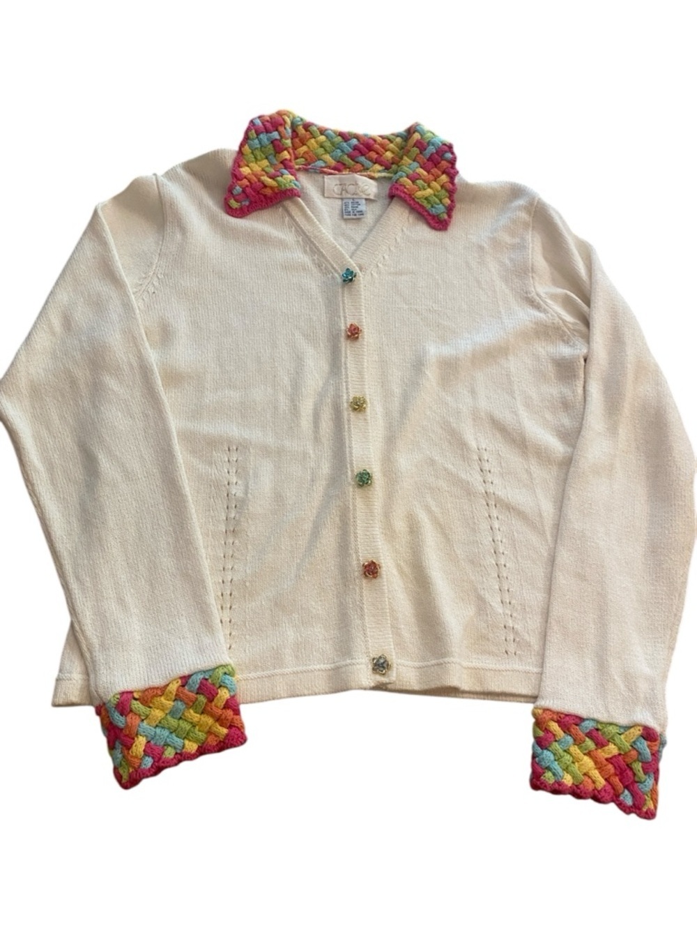Women’s Vintage Cache White Cardigan Jeweled Buttons Rainbow Collar Cuffs L